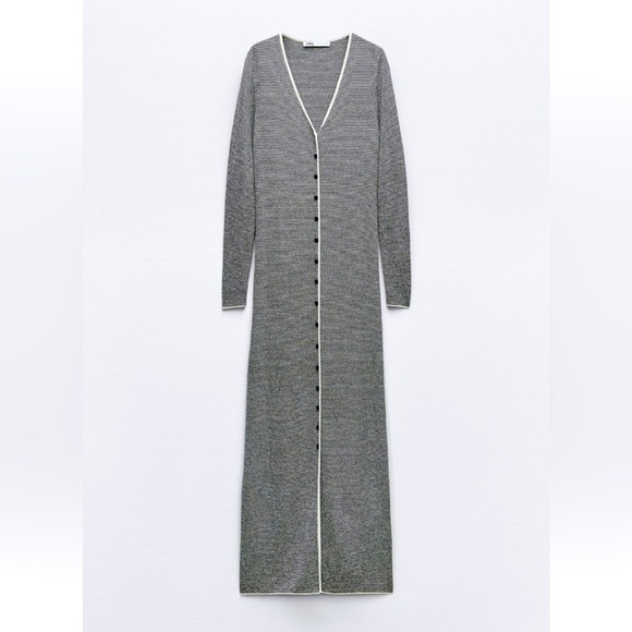 New ZARA V-neck Striped Midi Knit Dress With Contrast Buttons - Picture 5 of 6